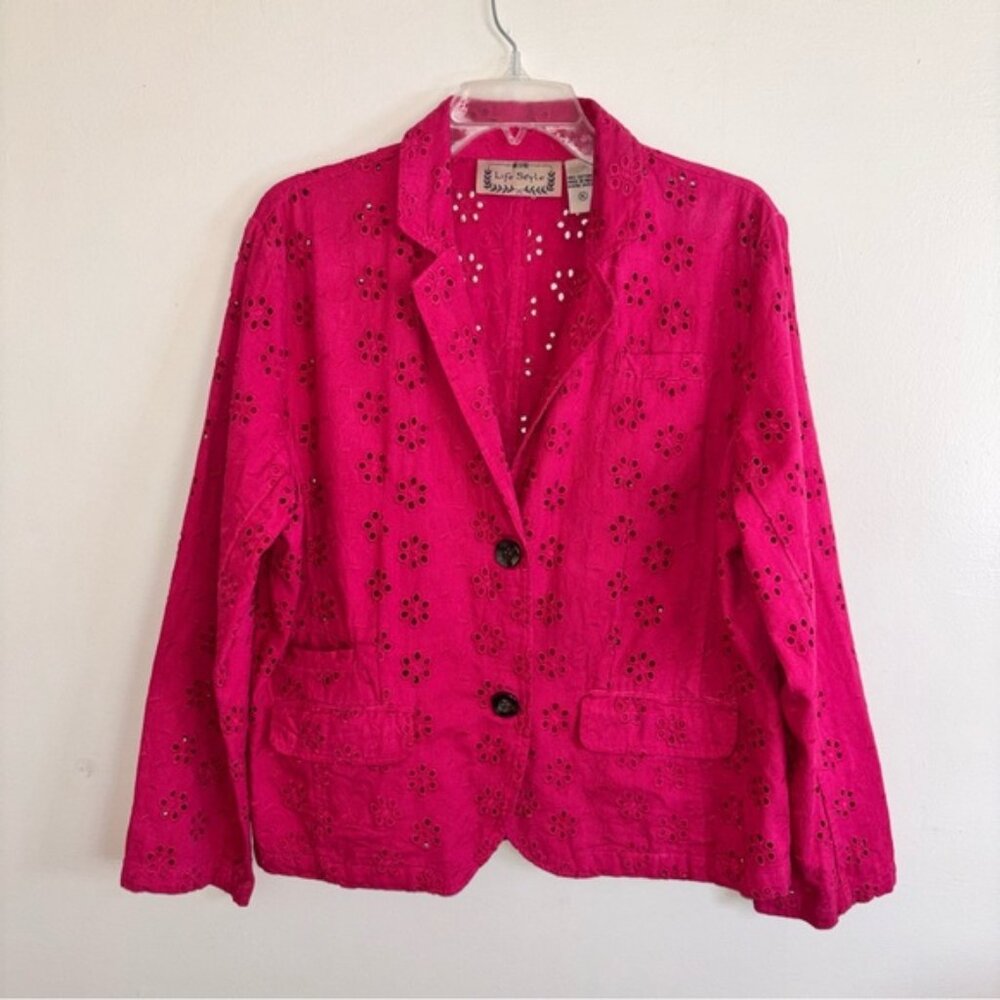 Life Style Hot Pink Fuchsia Eyelet Cotton Blazer Jacket Size XL Two Button